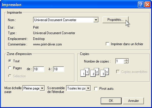 Sur la liste des imprimantes, sélectionnez Universal Document Converter puis cliquez sur le bouton Propriétés.