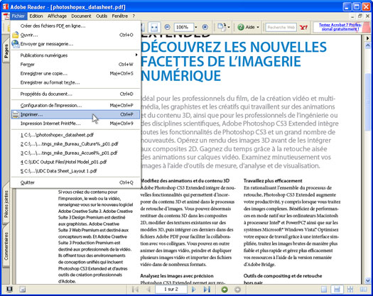 Ouvrez le fichier PDF à l'aide d'Acrobat ou d'Acrobat Reader puis cliquez sur Fichier-Imprimer... du menu principal de l'application.