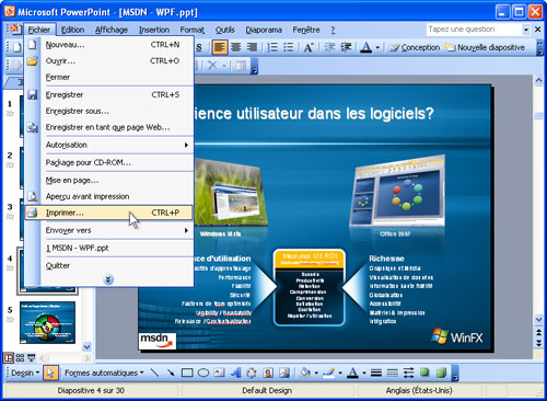 Ouvrez le fichier PowerPoint puis cliquez sur Fichier-Imprimer... du menu principal de l'application.